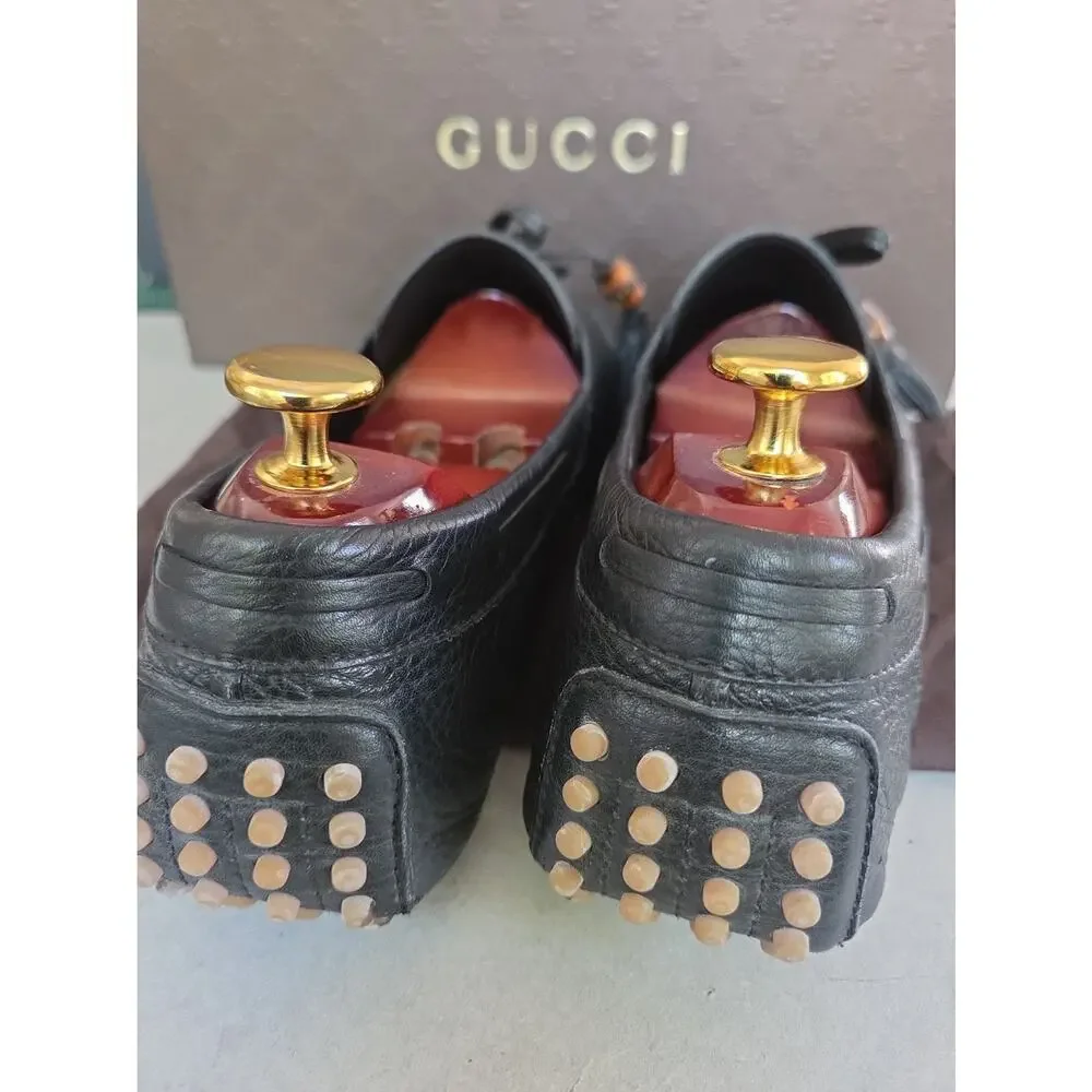 GUCCI Loafers Leather Shoes Laces Tassels Bamboo Navy Men's Size UK 8 Us8.5